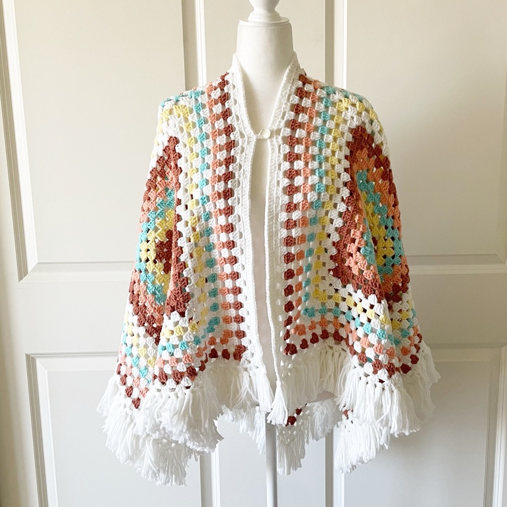 Handmade Crocheted Retro Granny Square Fringe Poncho Cape Shawl